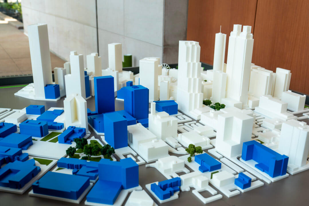 A 3D model of downtown Atlanta in white and blue.