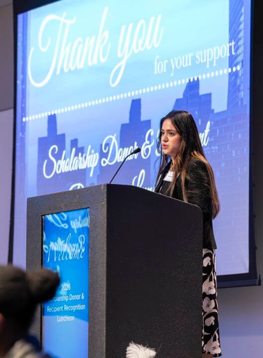 Jazmin Mejia (B.A. '20/J.D. '26) the 2025–2026 Student Bar Association president, spoke to attendees, emphasizing that the value of scholarships extends beyond financial relief.