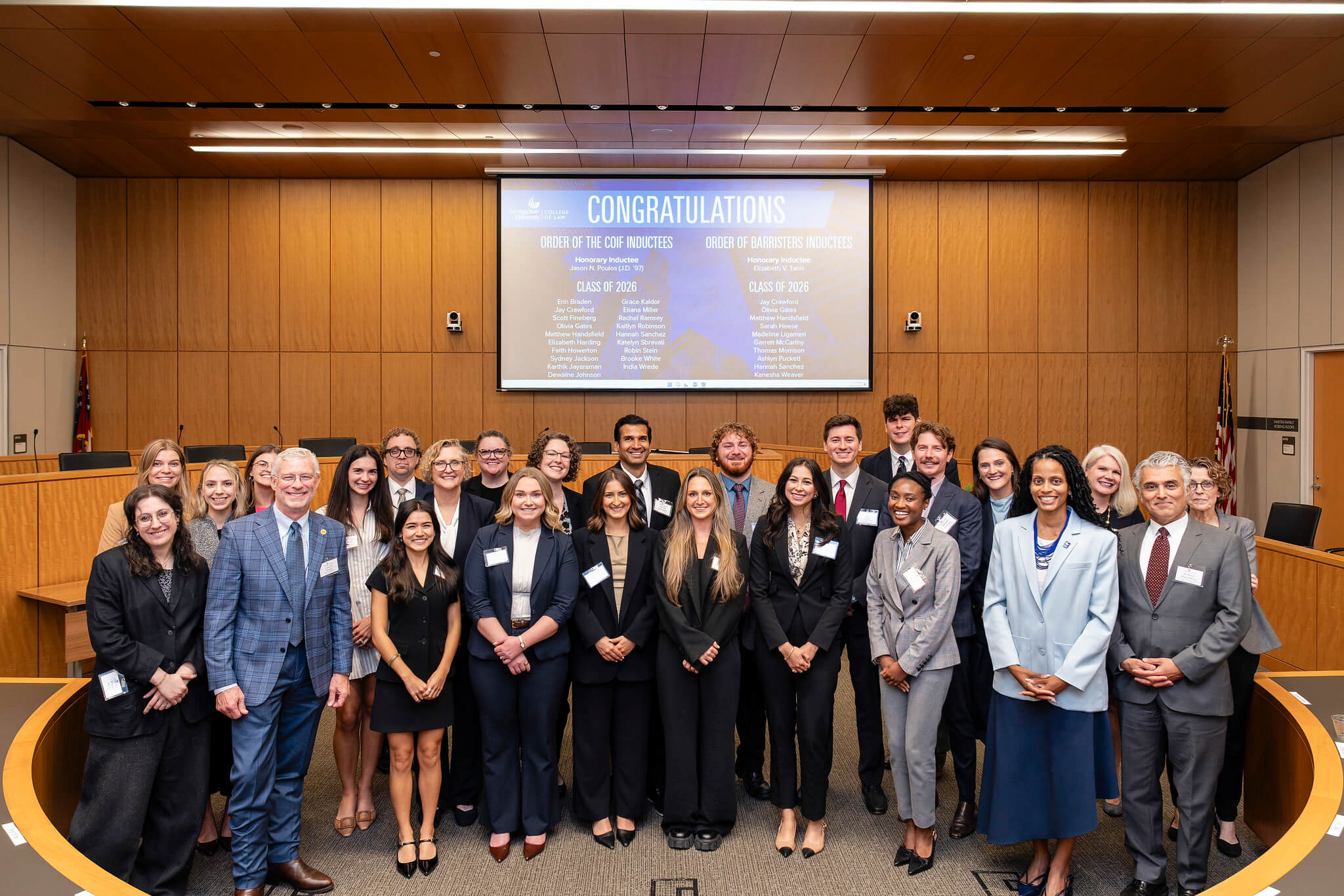 Georgia State Law recent graduate honorees and two honorary alumni celebrate their induction into the Order of the Coif and the Order of Barristers.