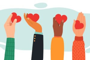 Hands charity concept. Give, share love to people, charity and donation hands with heart symbol, hands with love messages vector illustration