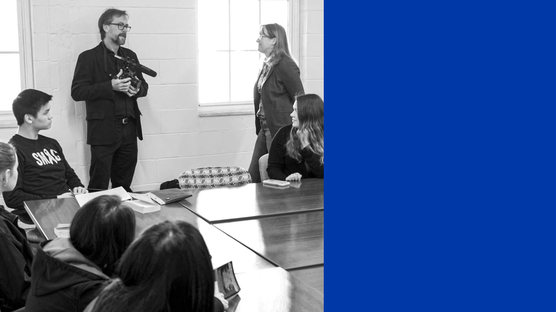 Hal Jacobs with Sarah Higinbotham, filming her class at Oxford College for the Common Good Atlanta documentary.
