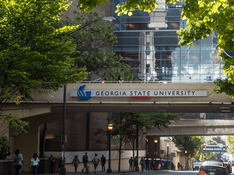 Georgia state logo across bridge