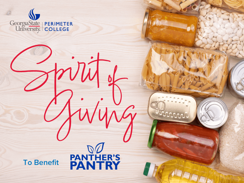 Graphic that includes non-perishable food and three logos: Georgia State University - Perimeter College, Spirit of Giving and Panther's Pantry