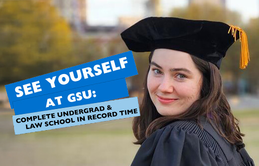 Picture of a student in her law school graduate cap and gown.