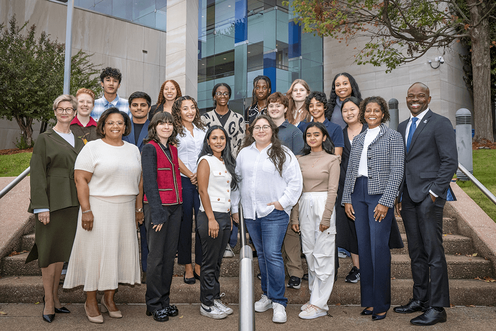 A group shot of the fall 2025 cohort of Stamps and Presidential scholars with Dean Sarah Cook, Provost Nicolle Parsons-Pollard, First Lady Dr. Bridget Blake and President M. Brian Blake.