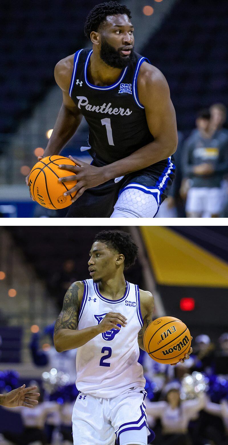 Top: Senior Eliel Nsoseme, a transfer from the University of Cincinnati, is the heart of the team and averages close to a double-double each game. Bottom: Senior Justin Roberts leads the team in 3-point percentage and has started every game for the Panthers since transferring from DePaul University.