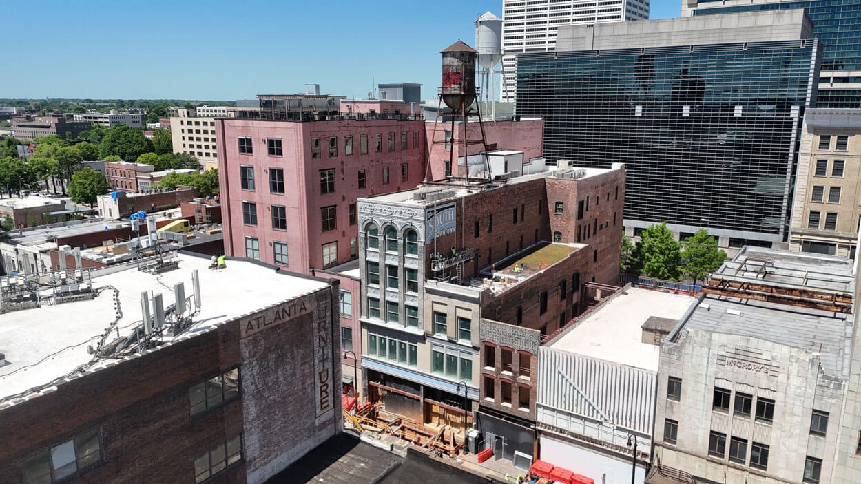 Aerial view of building under renovation in South Downtown.