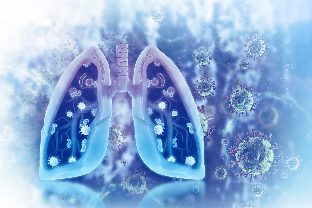 Artistic rendering of virus and bacteria infection in human lungs.