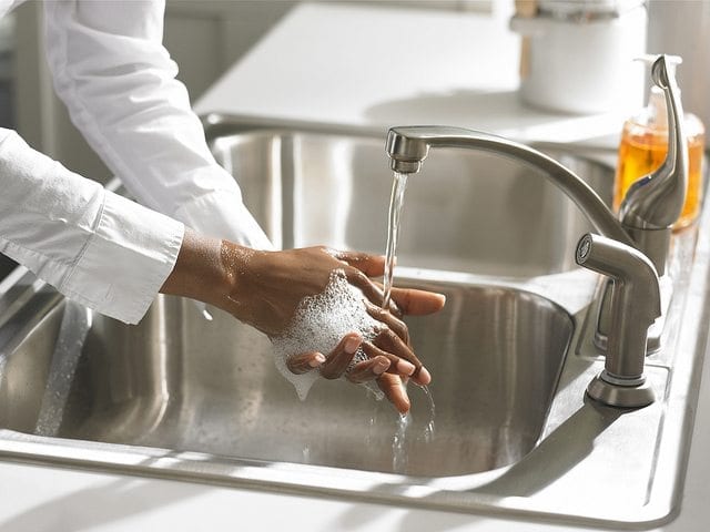 A woman washes her hands with soap and water in a stainless steel sink.