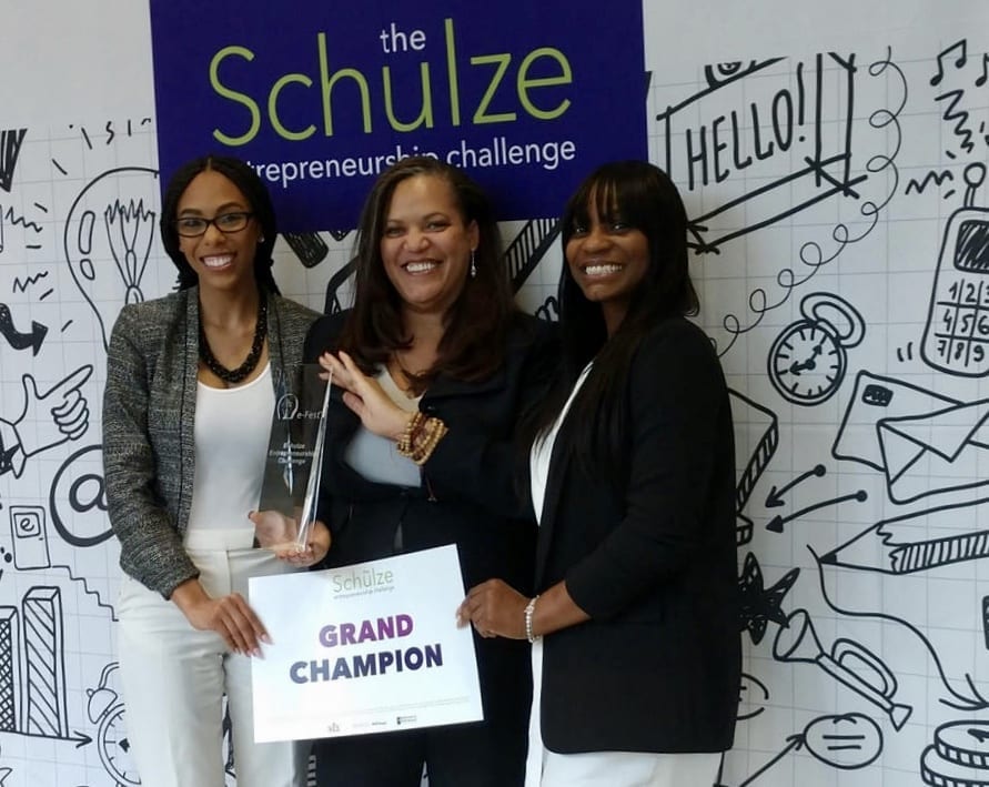 Student entrepreneurs with professor - (Left to Right): Dia Davis, Chief Executive Officer, DelivHer; Isabelle Monlouis, Professor of Practice at the Entrepreneurship and Innovation Institute; Chanté Knox, founder of DelivHer.