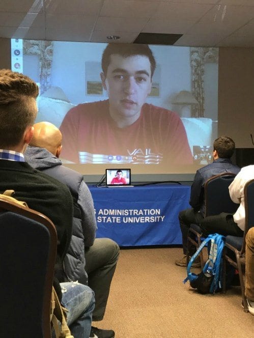 Chase skypes into the students in the Georgia State sports administration program