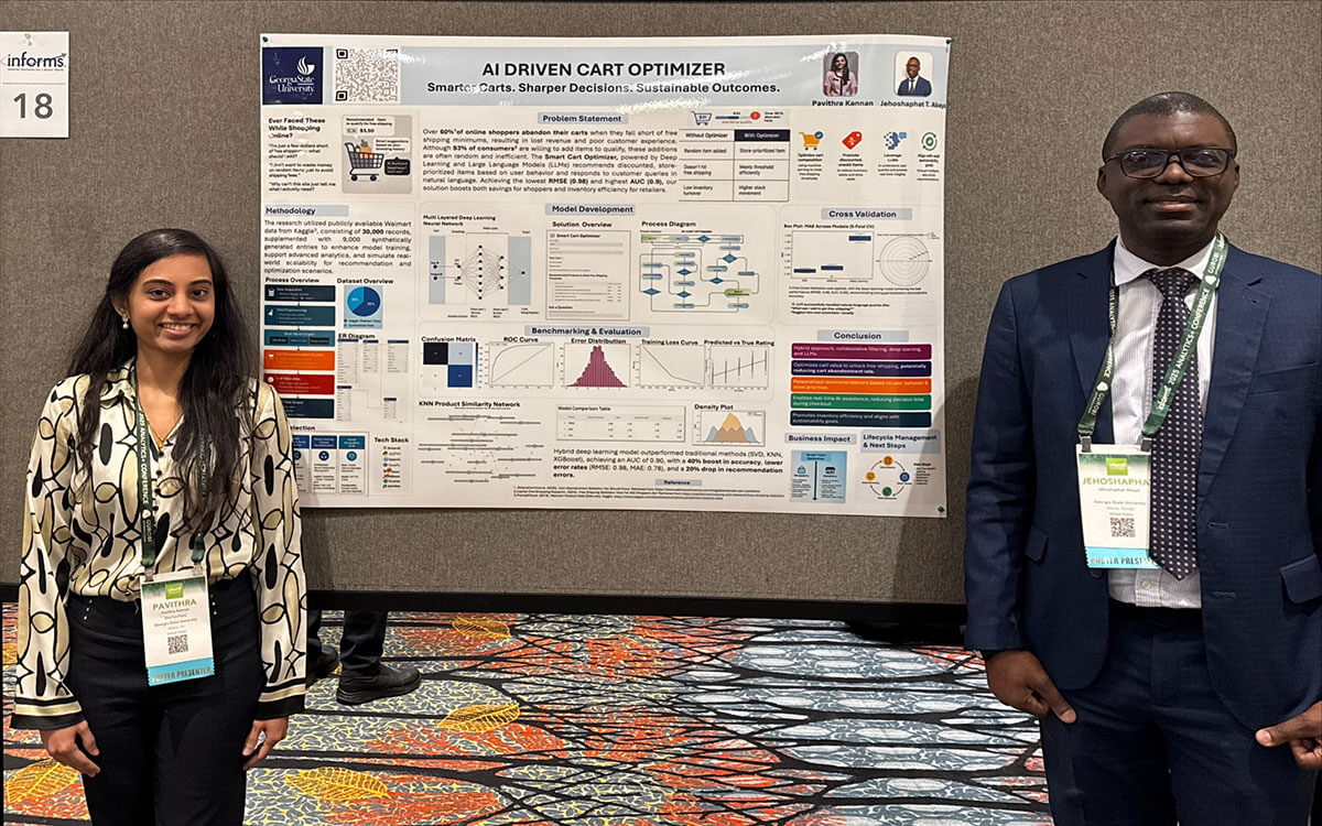 Kannan and Abaya jointly presented a poster on reducing household waste through community engagement. Kannan also presented a second poster on optimizing the e-commerce shopping experience.