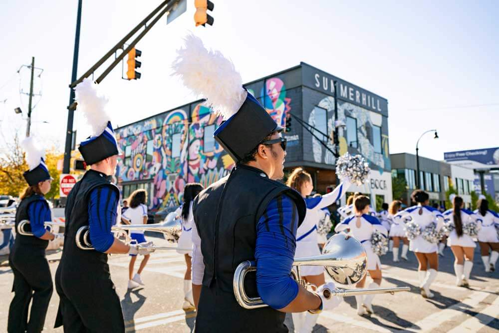 GSU marching band playing in a Homecoming Parade
