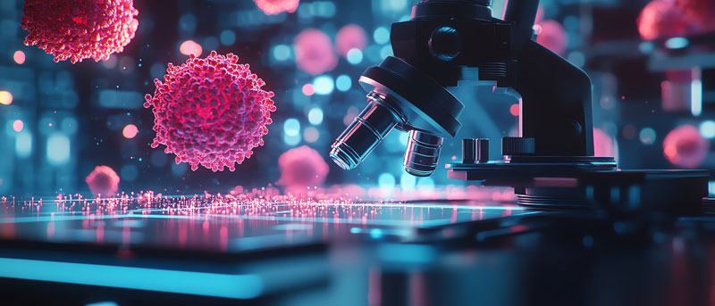 image of microscope with molecules in background