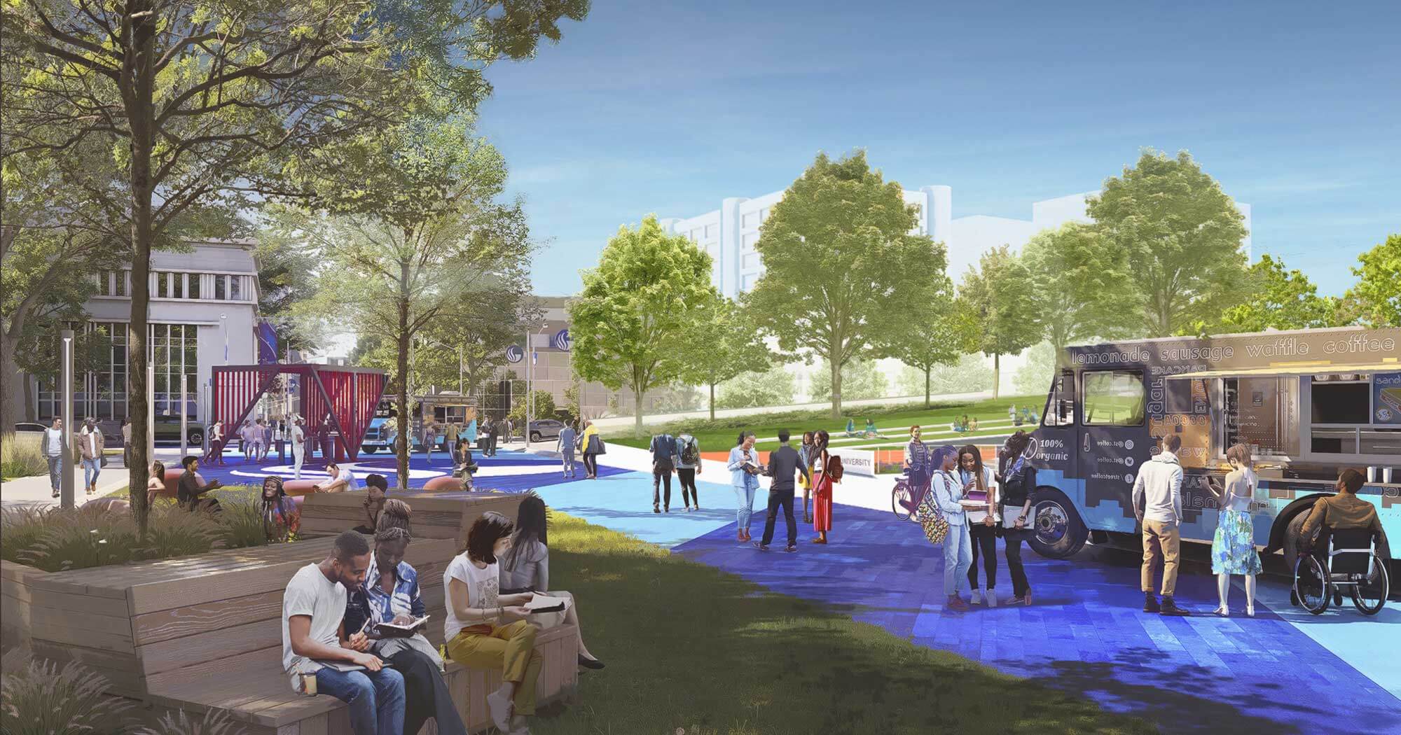A rendering showing students in the proposed pedestrian-friendly streetscape that links the expanded Greenway with Hurt Park, forming the new Panther Quad.