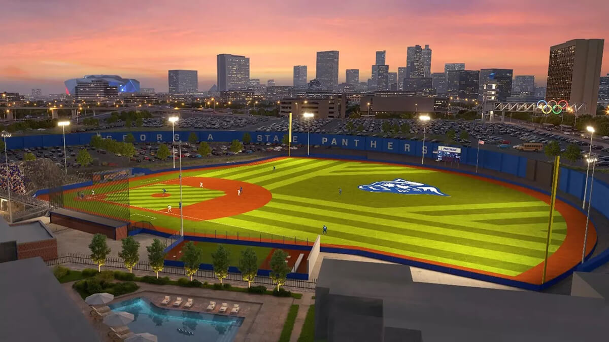 A nighttime rendering of baseball players playing at the new GSU baseball stadium.