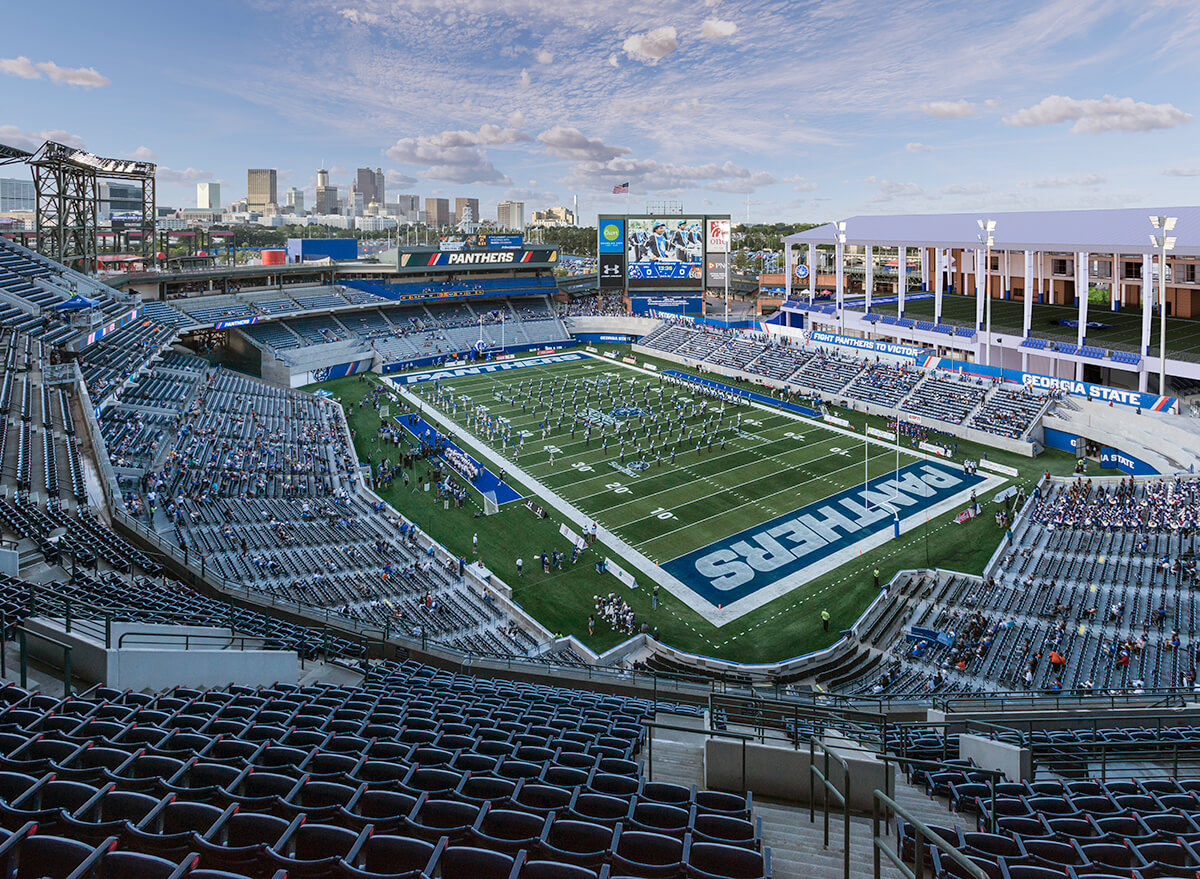A rendering of Center Parc Stadium showing construction on the east side of the stadium where the new covered practice facility will go.