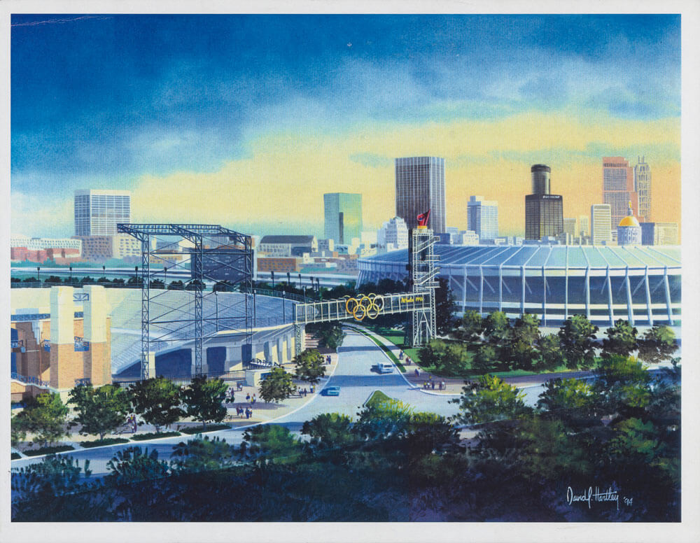 A hand-drawn artist's rendering of the Centennial Olympic Stadium complex, with Atlanta-Fulton County Stadium shown on the right. Centennial Olympic Stadium is now Center Parc Stadium, the home of Georgia State football. Georgia State is currently building a baseball stadium on the site of the former Atlanta-Fulton County Stadium, which was demolished in 1997.