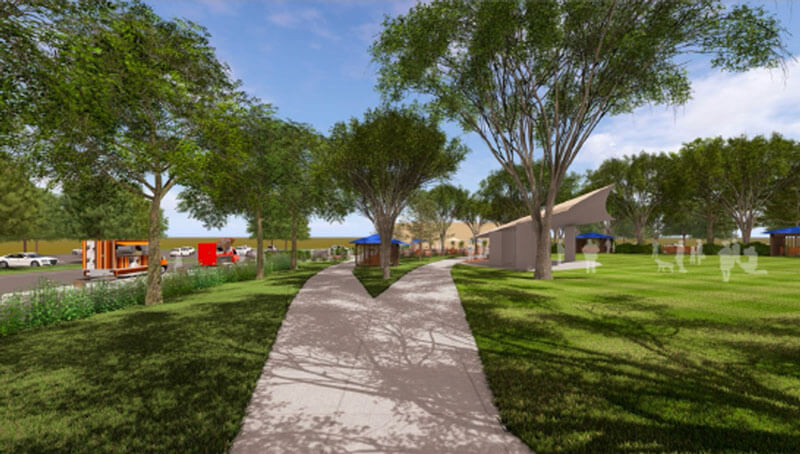 Artist's rendering of a paved path through a tree-lined park.