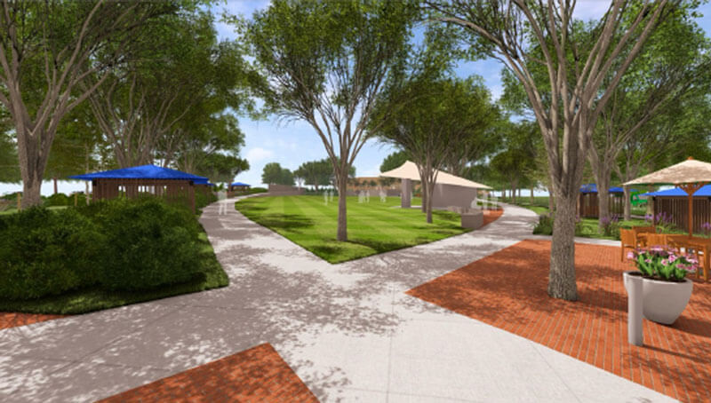 An artist's rendering of a crossing sidewalk surrounding a lawn.