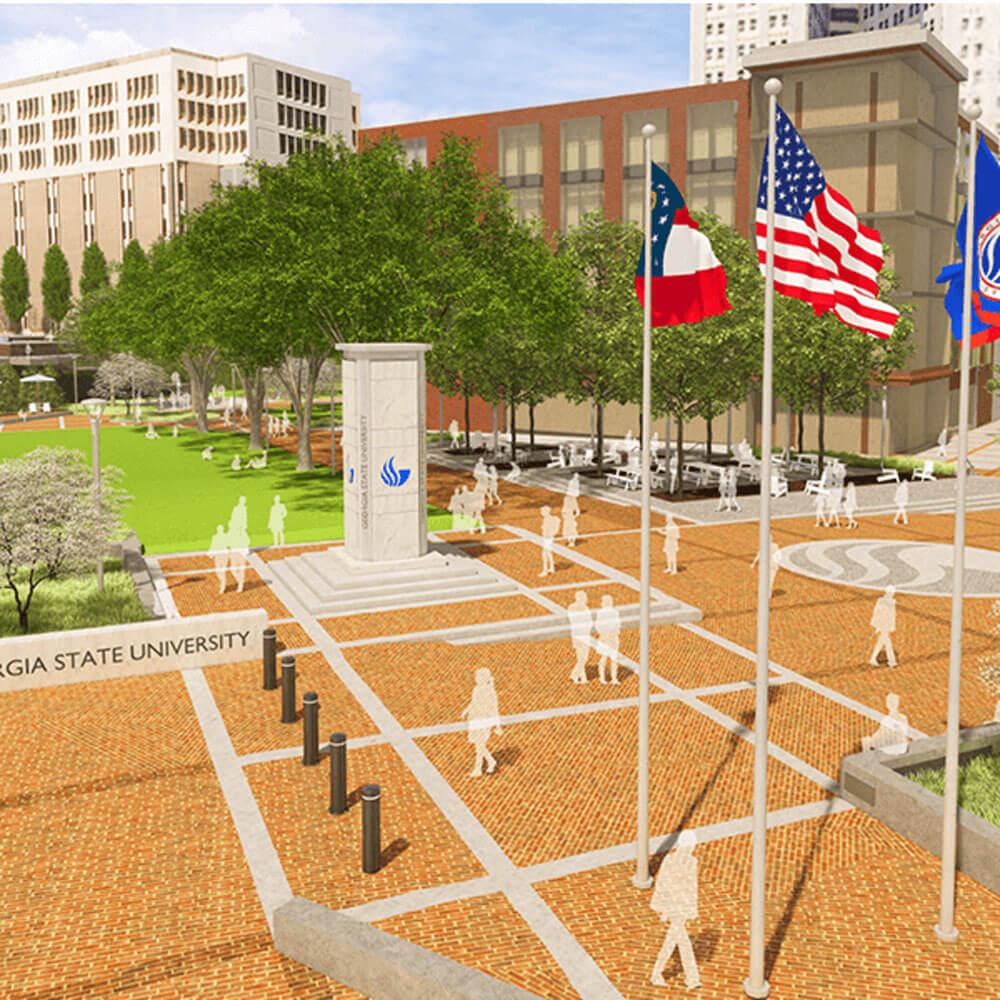 Rendering of a brick-paved path and lawn featuring a monument column and several flags.