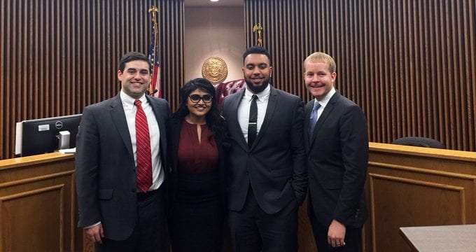 Four Georgia State Law students, Sean Robinson (J.D. ’18), Cameron Mobley (J.D. ’18), Andrew Navratil (J.D. ’18), and Annie Yasin (J.D. ’18) advanced to the octofinal round in the Buffalo Niagara Mock Trial Competition on Nov. 12-13 in Buffalo, New York.